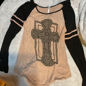 Black and Beige Long Sleeve Top with Cross Design